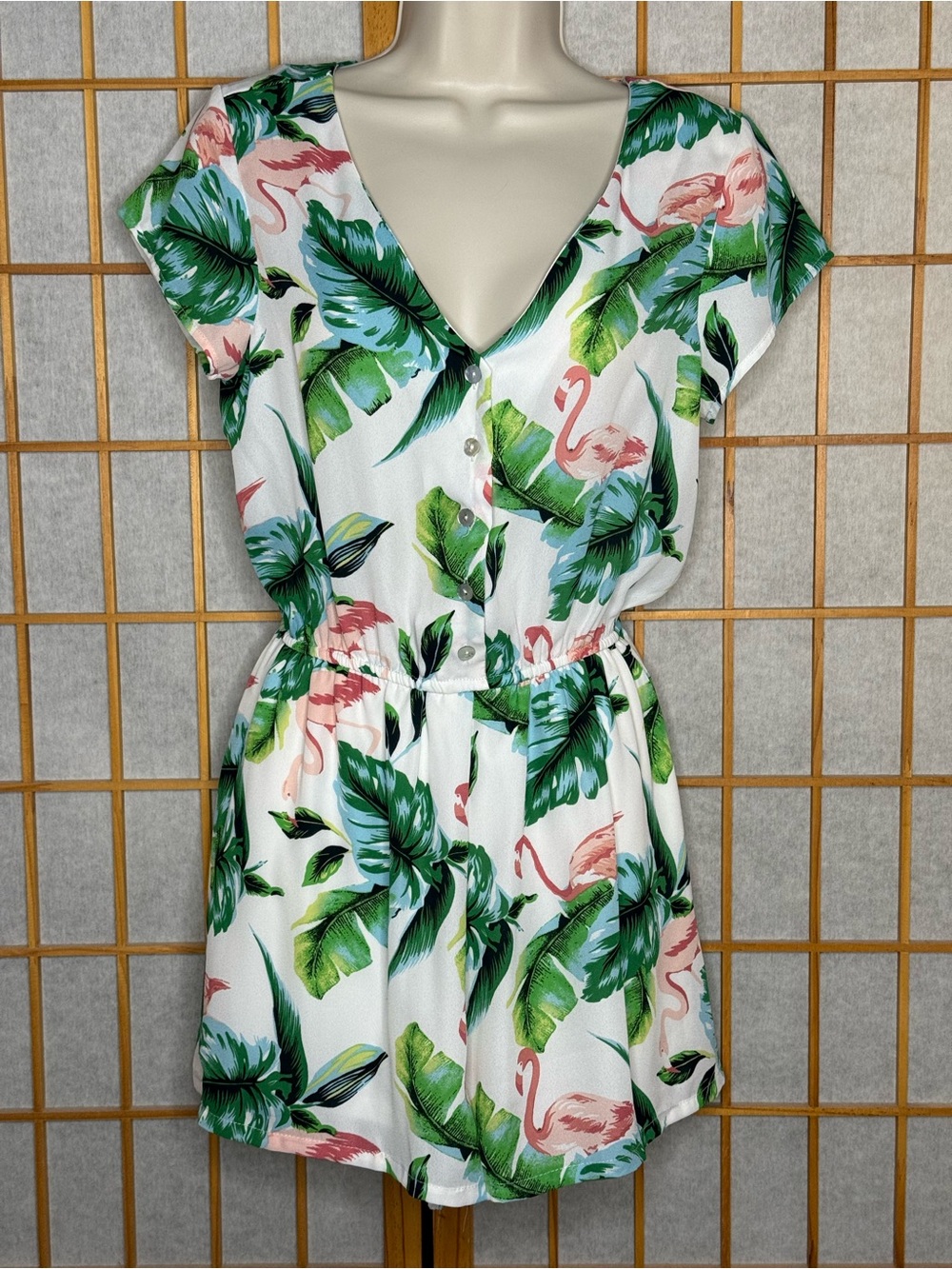 As U Wish Tropical Flamingo Print Romper in White, Green & Pink